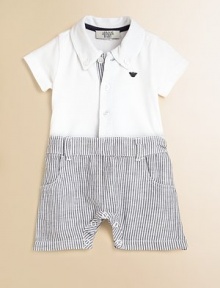 It looks like two pieces but this delightfully preppy design is actually one, with a pique polo attached to woven striped twill shorts.Button-down collarButton placket with woven trimShort sleevesEmbroidered logo on chestWaistband with belt loopsFront scoop pocketsBack patch pocketsBack logo patch at waistSnap legsCottonDry cleanImportedPlease note: Number of buttons and snaps may vary depending on size ordered. It looks like two pieces but this delightfully preppy design is actually one, with a pique polo attached to woven striped twill shorts.Button-down collarButton placket with woven trimShort sleevesEmbroidered logo on chestWaistband with belt loopsFront scoop pocketsBack patch pocketsBack logo patch at waistSnap legsCottonDry cleanImportedPlease note: Number of buttons and snaps may vary depending on size ordered.