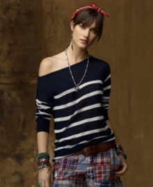 Loose-knit and airy, this chic Denim & Supply Ralph Lauren sweater brings breezy maritime style to the city streets with its lightweight linen construction and classic nautical stripes. Loose-knit and airy, this chic Denim & Supply Ralph Lauren sweater brings breezy maritime style to the city streets with its lightweight linen construction and classic nautical stripes.