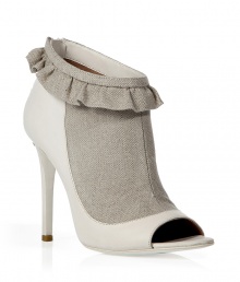 These quirky-chic booties channel antique elegance with a decidedly modern aesthetic - Linen front detail, leather-detailed peep toe and back, ruffle at ankle, stiletto heel - Wear with a flirty cocktail frock, fishnets, and a fur-trimmed jacket