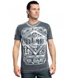 Getting hearts racing. This moto-themed short-sleeved shirt from Affliction will have your style running at high octane.