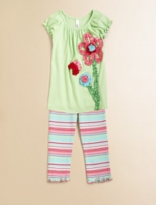 Adorned with ruffled flowers, a ladybug and stripes, this pretty, girly set will be her favorite and yours.ScoopneckShort puff sleevesPullover styleElastic waistbandPurl edge armbands and hemTunic: 95% cotton/5% spandexCapris: 97% cotton/3% spandexMachine washTunic: ImportedCapris: Imported of domestic fabric Adorned with ruffled flowers, a ladybug and stripes, this pretty, girly set will be her favorite and yours.ScoopneckShort puff sleevesPullover styleElastic waistbandPurl edge armbands and hemTunic: 95% cotton/5% spandexCapris: 97% cotton/3% spandexMachine washTunic: ImportedCapris: Imported of domestic fabric
