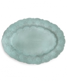 Handcrafted in the Italian tradition, the Merletto oval platter is intricately embellished with a lacy floral texture and painted a serene aqua hue. An elegant companion to Arte Italica dinnerware. Handcrafted in the Italian tradition, the Merletto oval platter is intricately embellished with a lacy floral texture and painted a serene aqua hue. An elegant companion to Arte Italica dinnerware.