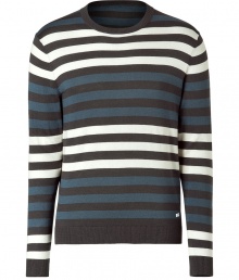 Stylish sweater in fine silk cotton and cashmere blend - Elegant brown, blue and cream striped colorway - Slim, slightly tapered cut - Long sleeves, small rounded crew neck - Sporty and casually cool, great for everyday - Pair with jeans, chinos and cords Stylish sweater in fine silk cotton and cashmere blend - Elegant brown, blue and cream striped colorway - Slim, slightly tapered cut - Long sleeves, small rounded crew neck - Sporty and casually cool, great for everyday - Pair with jeans, chinos and cords
