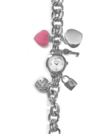 Get there on time with your heart on your sleeve. Watch by Style&co. crafted of silver tone bracelet featuring five charms: silver tone heart, pink enamel heart, crystal-accented heart, padlock and key. Round case with mother-of-pearl dial features numerals at twelve, three, six and nine o'clock, three hands and logo. Quartz movement. Two-year limited warranty. Get there on time with your heart on your sleeve. Watch by Style&co. crafted of silver tone bracelet featuring five charms: silver tone heart, pink enamel heart, crystal-accented heart, padlock and key. Round case with mother-of-pearl dial features numerals at twelve, three, six and nine o'clock, three hands and logo. Quartz movement. Two-year limited warranty.
