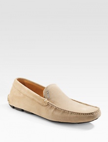 Sophisticated suede features metal logo detail and rubber gripper soles. Suede Leather lining Padded insole Rubber sole Made in Italy Sophisticated suede features metal logo detail and rubber gripper soles. Suede Leather lining Padded insole Rubber sole Made in Italy