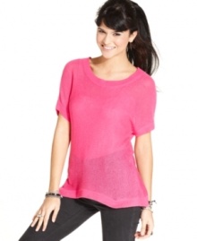 Add toasty style to your catalog of looks with Pink Rose's short sleeve pullover. The semi-sheer knit design and super-relaxed fit makes this sweater a perfect choice for hanging out on the weekends! Add toasty style to your catalog of looks with Pink Rose's short sleeve pullover. The semi-sheer knit design and super-relaxed fit makes this sweater a perfect choice for hanging out on the weekends!