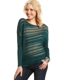 Sheer, asymmetrical stripes soar across the bodice of Jessica Simpson's irresistible pullover sweater. Sheer, asymmetrical stripes soar across the bodice of Jessica Simpson's irresistible pullover sweater.
