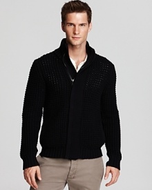 When the cold weather strikes, reach for this warm, chunky waffle knit cardigan embellished with a unique, asymmetrical covered zip placket. Rendered completely in merino wool for superior softness. When the cold weather strikes, reach for this warm, chunky waffle knit cardigan embellished with a unique, asymmetrical covered zip placket. Rendered completely in merino wool for superior softness.