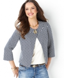 Punch up jeans and a tee with Charter Club's fun cropped jacket. Featuring a geometric print and toggle closure, it's a little bit preppy and totally cute! Punch up jeans and a tee with Charter Club's fun cropped jacket. Featuring a geometric print and toggle closure, it's a little bit preppy and totally cute!