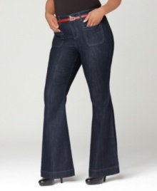 Dress up your denim with Style&co.'s plus size flared jeans, featuring a belted waist and trouser styling. Dress up your denim with Style&co.'s plus size flared jeans, featuring a belted waist and trouser styling.