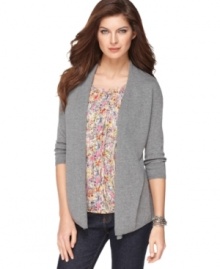 A layered look with ease - that's what you get with this essential Elementz piece! A knit open-front cardigan features a pleated floral inset for relaxed style in one great top.