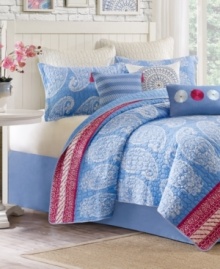 This Echo Woodblock Paisley coverlet features a soft indigo blue background with rows of large, white paisleys and is finished with a vibrant hot pink & white border. The tonal quilt stitch provides added dimension and extra comfort. This Echo Woodblock Paisley coverlet features a soft indigo blue background with rows of large, white paisleys and is finished with a vibrant hot pink & white border. The tonal quilt stitch provides added dimension and extra comfort.
