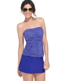 A delightful dot print and sexy shirring in front makes an impression! Jones New York's bandeau tankini top features a removable halter strap. A delightful dot print and sexy shirring in front makes an impression! Jones New York's bandeau tankini top features a removable halter strap.