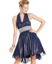 Mesh halter straps and a rhinestone-embellished waist give this glitzy dress from City Triangles a glamorously retro appeal! Mesh halter straps and a rhinestone-embellished waist give this glitzy dress from City Triangles a glamorously retro appeal!