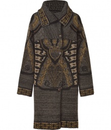 Stay warm and look on-trend in this luxe mixed print knit coat from Etro - Large spread collar, front button placket, long sleeves, oversized silhouette, all-over print - Pair with an oversized cashmere pullover, leather leggings, and platform booties Stay warm and look on-trend in this luxe mixed print knit coat from Etro - Large spread collar, front button placket, long sleeves, oversized silhouette, all-over print - Pair with an oversized cashmere pullover, leather leggings, and platform booties