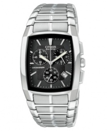 Sleek sophistication pairs perfectly with exceptional functionality. Citizen's Chronograph Eco-Drive is powered efficiently by light alone and features a stainless steel bracelet and rectangular case. Black textured dial with three subdials, angled silvertone indices, date window and logo. Analog movement. Water resistant to 100 meters. Five-year warranty. Sleek sophistication pairs perfectly with exceptional functionality. Citizen's Chronograph Eco-Drive is powered efficiently by light alone and features a stainless steel bracelet and rectangular case. Black textured dial with three subdials, angled silvertone indices, date window and logo. Analog movement. Water resistant to 100 meters. Five-year warranty.