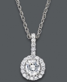 Stunning by design. Juliet's circular pendant sparkles with the addition of certified, round-cut diamonds (1/2 ct. t.w.). Setting and box chain crafted in 14k white gold. Each Juliet diamond features 97 facets, which enhances the brightness and light performance of the diamond. Juliet diamonds are available only at Macy's. Approximate length: 18 inches. Approximate drop: 1/2 inch. Stunning by design. Juliet's circular pendant sparkles with the addition of certified, round-cut diamonds (1/2 ct. t.w.). Setting and box chain crafted in 14k white gold. Each Juliet diamond features 97 facets, which enhances the brightness and light performance of the diamond. Juliet diamonds are available only at Macy's. Approximate length: 18 inches. Approximate drop: 1/2 inch.