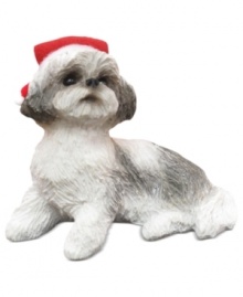 A fetching gift for animal lovers, the Shih Tzu Christmas ornament depicts a show-stopping silver and white pup waiting patiently for treats and dressed for the season. From Sandicast. A fetching gift for animal lovers, the Shih Tzu Christmas ornament depicts a show-stopping silver and white pup waiting patiently for treats and dressed for the season. From Sandicast.