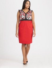 Beyond stunning, a lively abstract print couples perfectly with a classic silhouette with flattering Princess seams and Empire waist.V-necklineSleevelessRuffle detail on shouldersEmpire waistPrincess seamsSide zipperBack ventAbout 24 from natural waist62% cotton/33%nylon/5% spandexDry cleanMade in Italy