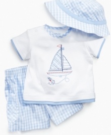 Smooth sailing. He'll be comfy and cute in water or on land in this fun 3-piece t-shirt, short and hat set from Little Me. Smooth sailing. He'll be comfy and cute in water or on land in this fun 3-piece t-shirt, short and hat set from Little Me.