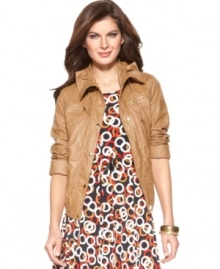 Bomber jacket and anorak styling combine for a super-chic jacket from Ellen Tracy. Buttery faux leather makes it the perfect weight for warmer days! Bomber jacket and anorak styling combine for a super-chic jacket from Ellen Tracy. Buttery faux leather makes it the perfect weight for warmer days!
