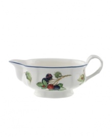 The Cottage Inn gravy boat is a colorful addition to the sophisticated table. Lush, dancing clusters of ripened blueberries, raspberries and cherries are a stunning contrast on creamy white porcelain and lend every meal a touch of traditional elegance. The Cottage Inn gravy boat is a colorful addition to the sophisticated table. Lush, dancing clusters of ripened blueberries, raspberries and cherries are a stunning contrast on creamy white porcelain and lend every meal a touch of traditional elegance.