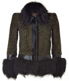 Slip into luxury in this fur jacket made of sheepskin and fox - Uncommon combination of soft, warm materials for a fashionable, fun piece that makes a statement - Features a slim, fitted silhouette with short cut, fur collar and large, decorative fur cuffs and hem - Upgrades any simple basic--try with skinny jeans, a silk blouse and heels