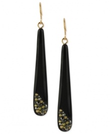 Kenneth Cole New York makes a bold statement with this set of drop earrings. Gold-tone mixed metal is the foundation for the black earrings, and glass crystal accents add luster. Approximate drop: 2-1/2 inches.