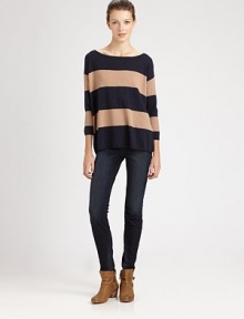 Soft, semi-sheer boatneck with dolman sleeves and allover bold stripes. BoatneckThree-quarter dolman sleevesLonger length hits below the hips40% nylon/35% rayon/20% wool/5% cashmereDry cleanImportedModel shown is 5'8½ (174cm) wearing US size Small. Soft, semi-sheer boatneck with dolman sleeves and allover bold stripes. BoatneckThree-quarter dolman sleevesLonger length hits below the hips40% nylon/35% rayon/20% wool/5% cashmereDry cleanImportedModel shown is 5'8½ (174cm) wearing US size Small.