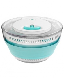 It's easy to make greens! Prep the salads you love right at home with this smart tool, which quickly removes water from produce at the simple tug of the self-retracting cord. Perfect for small spaces, the collapsible design is easy to store and holds up to 5 quarts of your favorite ingredients. It's easy to make greens! Prep the salads you love right at home with this smart tool, which quickly removes water from produce at the simple tug of the self-retracting cord. Perfect for small spaces, the collapsible design is easy to store and holds up to 5 quarts of your favorite ingredients.