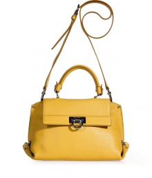 A sunshiny hue brings bold style to this elegant leather bag from Ferragamo - Front flat with logo closure, small carrying handle, convertible shoulder strap, folded side detail with logo hardware, back zip pocket, internal zip pocket, decorative lining - Perfect for daily use or off-duty chic A sunshiny hue brings bold style to this elegant leather bag from Ferragamo - Front flat with logo closure, small carrying handle, convertible shoulder strap, folded side detail with logo hardware, back zip pocket, internal zip pocket, decorative lining - Perfect for daily use or off-duty chic