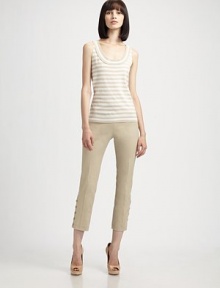 Scoop neck striped cotton knit.Scoopneck with rib-knit trimSleevelessRib-knit hemline95% cotton/5% elastaneMade in SwitzerlandModel shown is 5'9 (175cm) wearing US size 4. Scoop neck striped cotton knit.Scoopneck with rib-knit trimSleevelessRib-knit hemline95% cotton/5% elastaneMade in SwitzerlandModel shown is 5'9 (175cm) wearing US size 4.