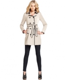 Faux-leather trim adds edge to this otherwise classic Kensie trench coat for a fashion-forward fall look!