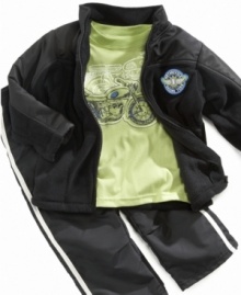 Rev up his style with this cute 3-piece set from Kids Headquarters, featuring a racing team patch jacket, sporty pants, and a motorcycle graphic tee. Rev up his style with this cute 3-piece set from Kids Headquarters, featuring a racing team patch jacket, sporty pants, and a motorcycle graphic tee.
