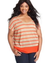 Score dazzling style with Soprano's short sleeve plus size top, featuring metallic stripes-- it's so on-trend! (Clearance)