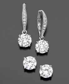 Keep it short or go long with these sparkling and lovely Eliot Danori earrings. This set comes with one pair of round-cut cubic zirconia studs and one pair of round-cut cubic zirconia drop earrings (1-1/4 ct. t.w. total) set in rhodium-plated silvertone mixed metal. Approximate drop: 3/4 inch.