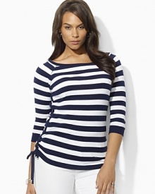 Bold stripes grace the front of a three quarter sleeve tee, crafted with an elegant ballet neckline and drawcord detailing at the hem to create chic ruching.