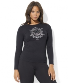 Ushering in the wintry weather, Lauren Ralph Lauren's beaded snowflake and Lauren Ralph Lauren crest with skis glamorously embellish a long-sleeved plus size shirt crafted from cozy cotton jersey.