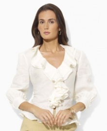 Cascading ruffles and a flouncy peplum hem accent Lauren by Ralph Lauren's breezy blouse in breathable linen for a vintage-inspired look.