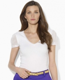 Lauren by Ralph Lauren's soft ribbed-knit cotton tee becomes utterly feminine with airy woven flutter sleeves and luxe ribbon trim, giving a chic update to a seasonal classic.