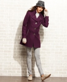A uniquely buckled back and bold metal hardware give Green with Envy's wool-blend coat a stylish boost! A uniquely buckled back and bold metal hardware give Green with Envy's wool-blend coat a stylish boost!