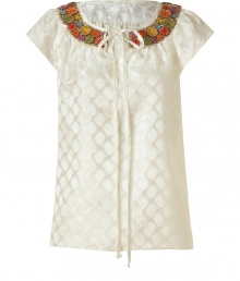 Channel easy boho elegance with Millys cream silk top - Sumptuously soft, lightweight material features a decorative geometric print - Gold sequin and multicolor decorative trim at collar - Cap sleeves and round neckline with key hole detail and long ribbon tie - Slim yet relaxed silhouette hits just below hips - Pair with wide leg trousers, skinny denim or maxi skirts Channel easy boho elegance with Millys cream silk top - Sumptuously soft, lightweight material features a decorative geometric print - Gold sequin and multicolor decorative trim at collar - Cap sleeves and round neckline with key hole detail and long ribbon tie - Slim yet relaxed silhouette hits just below hips - Pair with wide leg trousers, skinny denim or maxi skirts