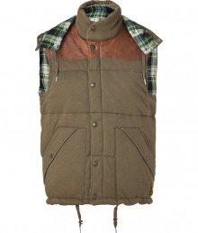 With its rugged styling and contemporary slim fit, Ralph Laurens super soft hooded vest is a cool choice for both the country and city alike - Stand-up collar, hooded with plaid lining, hidden front zip, snap panel, brown leather yolk, snapped pockets, drawstring hemline, crafted in soft cotton terry, quilted, plaid lining - Contemporary slim fit - Wear with everything from jeans and flannels to tailored trousers and cashmere pullovers