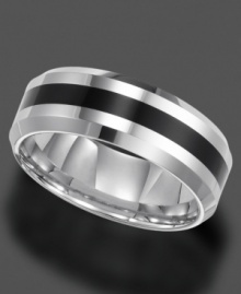 Look hot with simple style. This tungsten carbide ring by Triton features a black resin stripe. The inside is slightly rounded for a comfortable fit. Band measures approximately 8 mm. Sizes 8-15. Look hot with simple style. This tungsten carbide ring by Triton features a black resin stripe. The inside is slightly rounded for a comfortable fit. Band measures approximately 8 mm. Sizes 8-15.