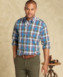 Change your style pattern with this preppy summer plaid shirt from Tommy Hilfiger.