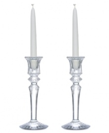 The Mille Nuit Collection, French for a thousand lights, is one of Baccarat's most popular and exquisite patterns. This set of 2 candleholders not only hold a dancing flames but sparkle divinely all on their own. A true treasure that will be celebrated for years to come.