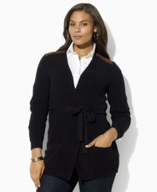 Lauren Ralph Lauren's long ribbed cotton plus size cardigan is infused with heritage inspiration, finished with faux-suede gun patches at the shoulders.