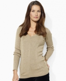 Lauren Ralph Lauren's sleek ribbed V-neck sweater catches the light with interwoven metallic Lurex® yarn that adds sophisticated sparkle to your look. Lauren Ralph Lauren's sleek ribbed V-neck sweater catches the light with interwoven metallic Lurex® yarn that adds sophisticated sparkle to your look.