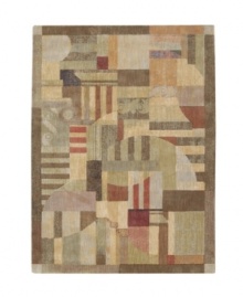 This long runner is ideal for hallways and entryways. A modern design of animated beauty, this rug renders columns in an abstract collage of rectangles accented with graceful curvilinear details. A cool green palette is tinged with warm hues of brown. Woven of premium Opulon(tm) yarns to create a lavish pile with a rich, color-enhancing finish.