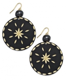 Detailed and delicate. These Style&co. disc drop earrings feature a jet black finish with diamond-cut detail that exposes the gold tone mixed metal setting. Finished with a jet bead at the hook. Approximate drop: 2 inches Detailed and delicate. These Style&co. disc drop earrings feature a jet black finish with diamond-cut detail that exposes the gold tone mixed metal setting. Finished with a jet bead at the hook. Approximate drop: 2 inches